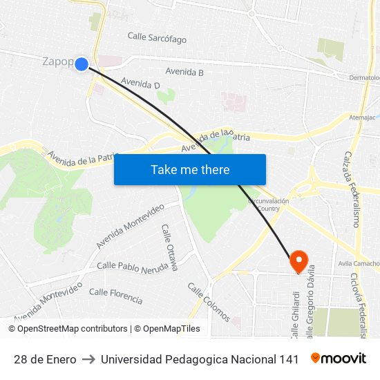 28 de Enero to Universidad Pedagogica Nacional 141 map