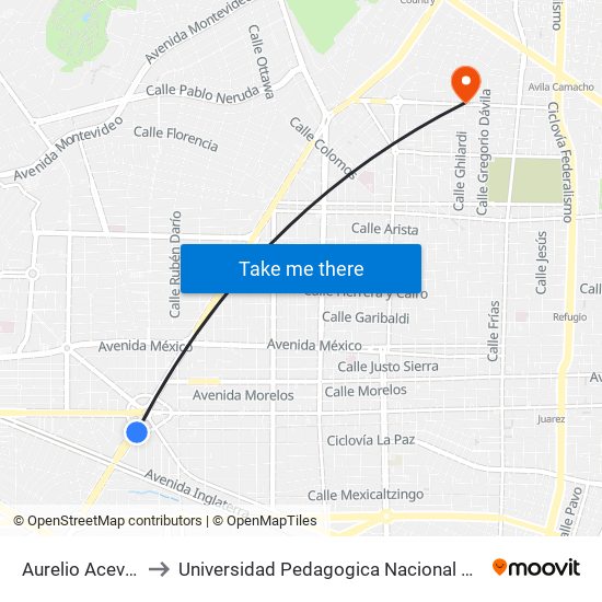 Aurelio Aceves to Universidad Pedagogica Nacional 141 map