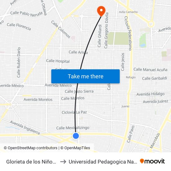 Glorieta de los Niños Héroes to Universidad Pedagogica Nacional 141 map