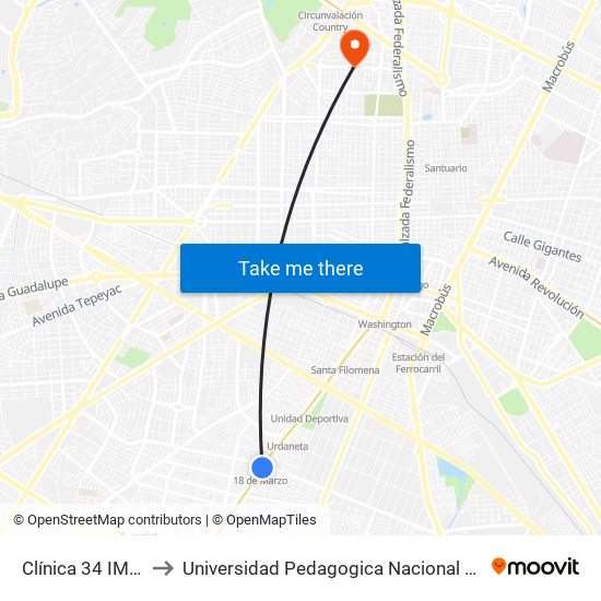 Clínica 34 IMSS to Universidad Pedagogica Nacional 141 map