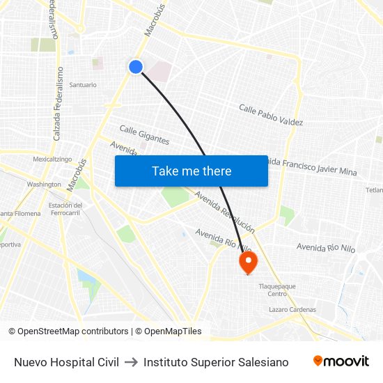 Nuevo Hospital Civil to Instituto Superior Salesiano map