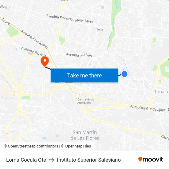 Loma Cocula Ote to Instituto Superior Salesiano map