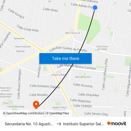 Secundaria No. 10 Agustín Yáñez to Instituto Superior Salesiano map