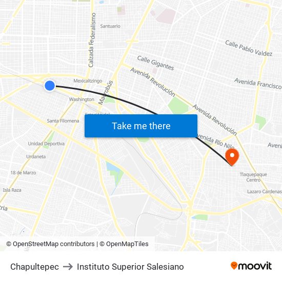 Chapultepec to Instituto Superior Salesiano map