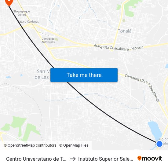 Centro Universitario de Tonalá to Instituto Superior Salesiano map