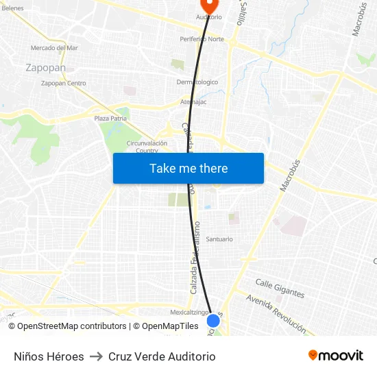 Niños Héroes to Cruz Verde Auditorio map