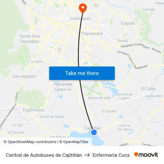 Central de Autobuses de Cajititlán to Enfermeria Cucs map