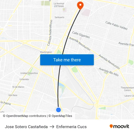 Jose Sotero Castañeda to Enfermeria Cucs map