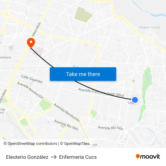 Eleuterio González to Enfermeria Cucs map