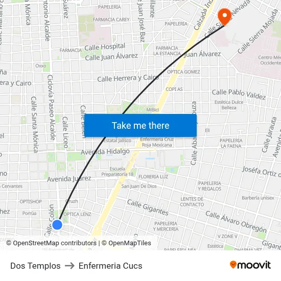Dos Templos to Enfermeria Cucs map