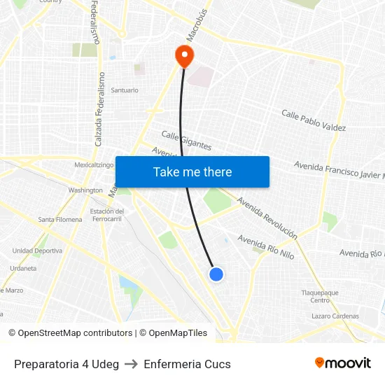 Preparatoria 4 Udeg to Enfermeria Cucs map