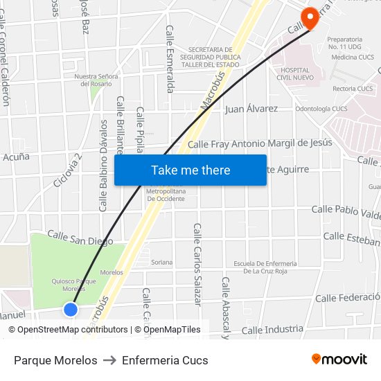 Parque Morelos to Enfermeria Cucs map