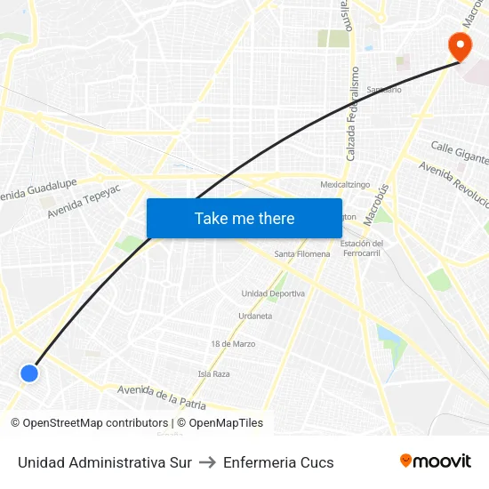 Unidad Administrativa Sur to Enfermeria Cucs map