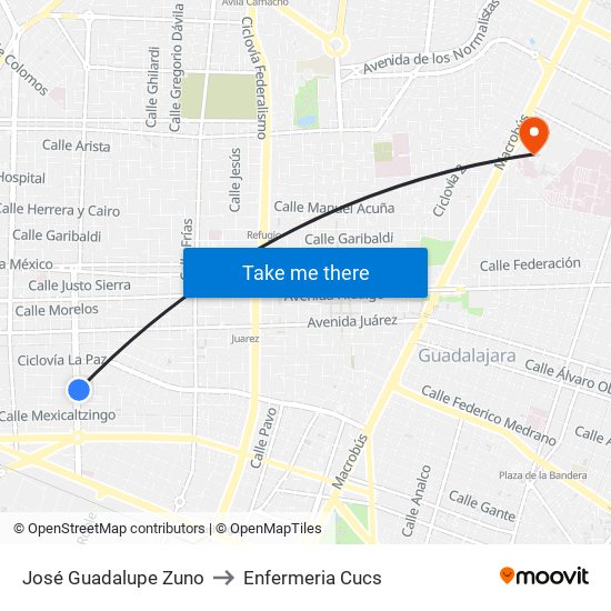 José Guadalupe Zuno to Enfermeria Cucs map