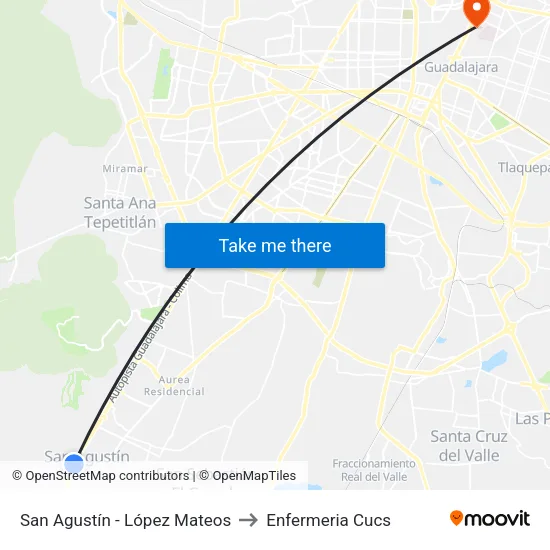San Agustín - López Mateos to Enfermeria Cucs map