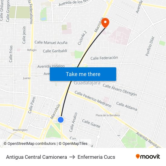 Antigua Central Camionera to Enfermeria Cucs map