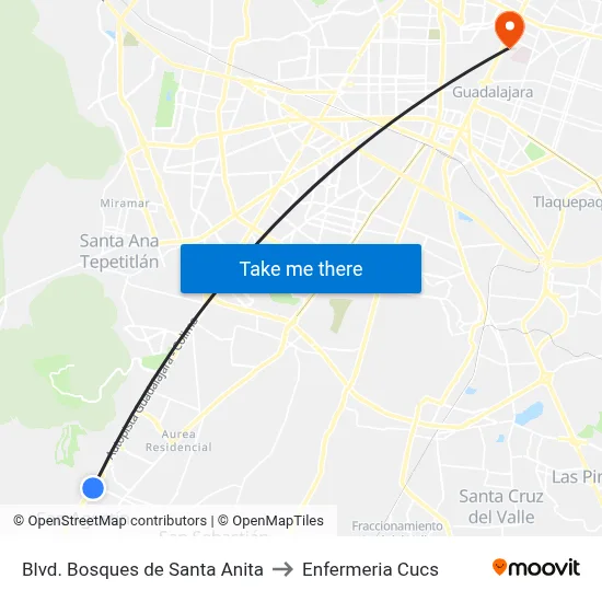 Blvd. Bosques de Santa Anita to Enfermeria Cucs map