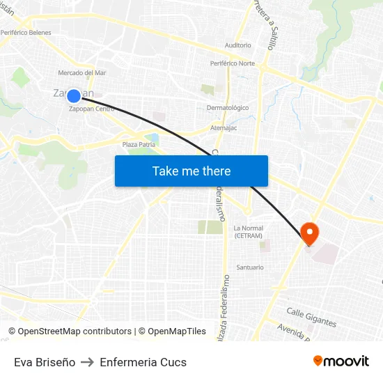 Eva Briseño to Enfermeria Cucs map