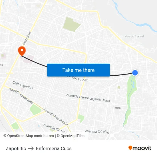 Zapotiltic to Enfermeria Cucs map