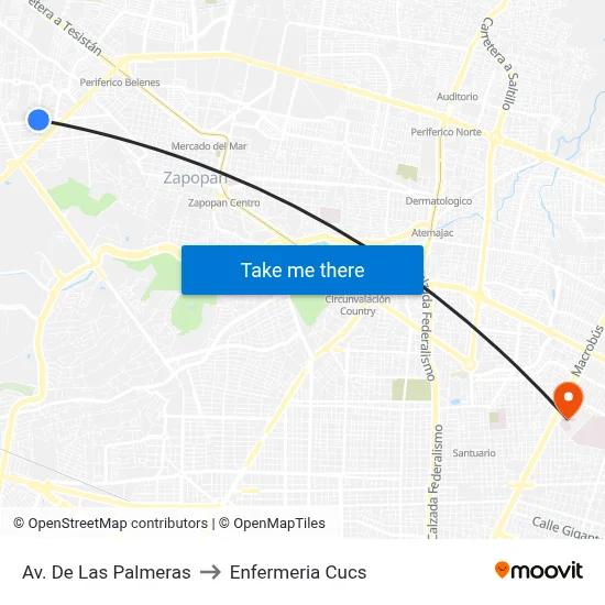 Av. De Las Palmeras to Enfermeria Cucs map