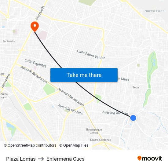 Plaza Lomas to Enfermeria Cucs map