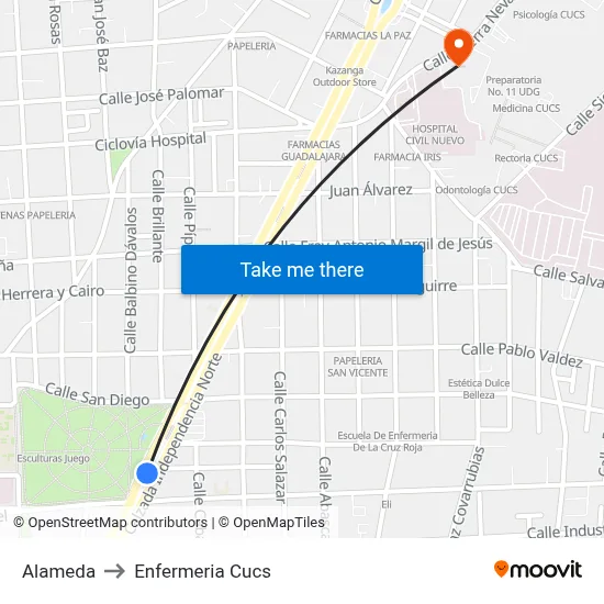 Alameda to Enfermeria Cucs map