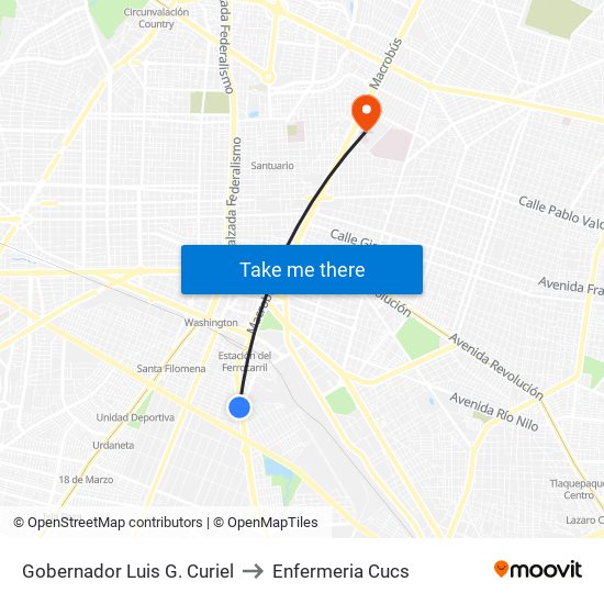 Gobernador Luis G. Curiel to Enfermeria Cucs map