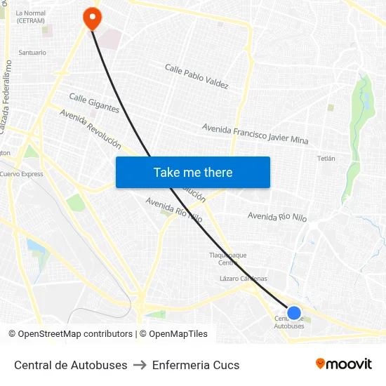 Central de Autobuses to Enfermeria Cucs map