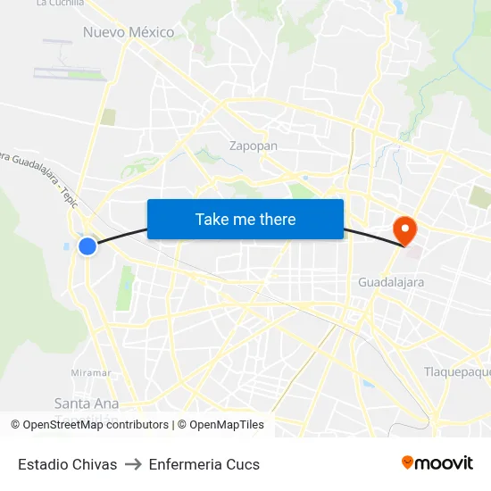Estadio Chivas to Enfermeria Cucs map