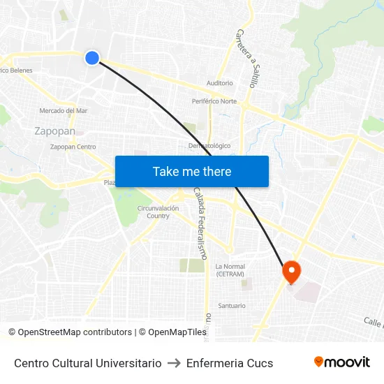 Centro Cultural Universitario to Enfermeria Cucs map