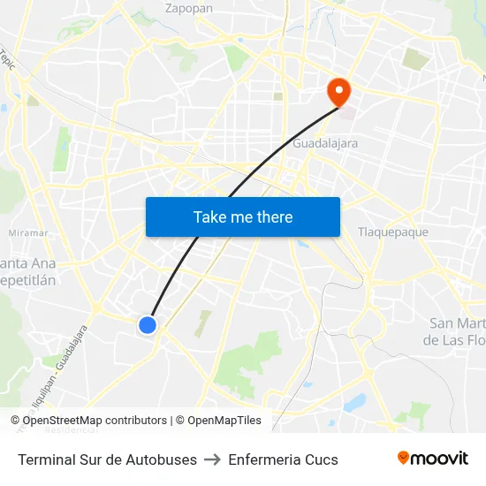 Terminal Sur de Autobuses to Enfermeria Cucs map