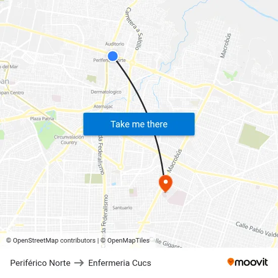 Periférico Norte to Enfermeria Cucs map