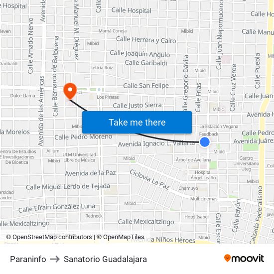 Paraninfo to Sanatorio Guadalajara map