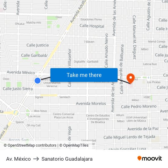 Av. México to Sanatorio Guadalajara map