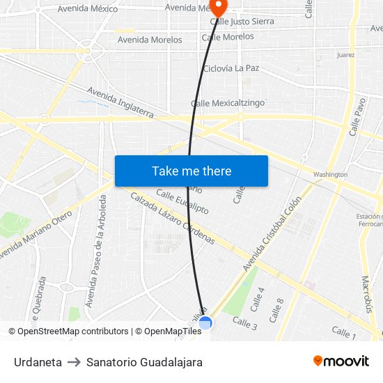 Urdaneta to Sanatorio Guadalajara map