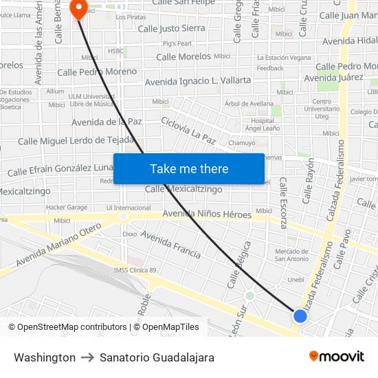 Washington to Sanatorio Guadalajara map