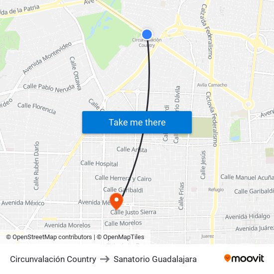 Circunvalación Country to Sanatorio Guadalajara map