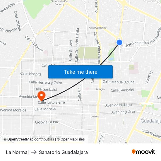 La Normal to Sanatorio Guadalajara map