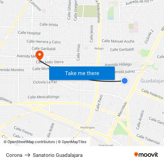 Corona to Sanatorio Guadalajara map