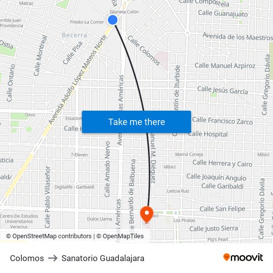 Colomos to Sanatorio Guadalajara map