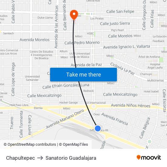 Chapultepec to Sanatorio Guadalajara map