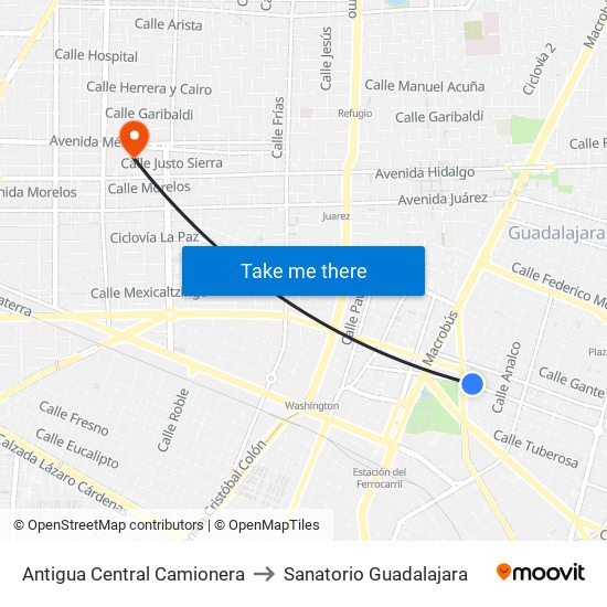 Antigua Central Camionera to Sanatorio Guadalajara map