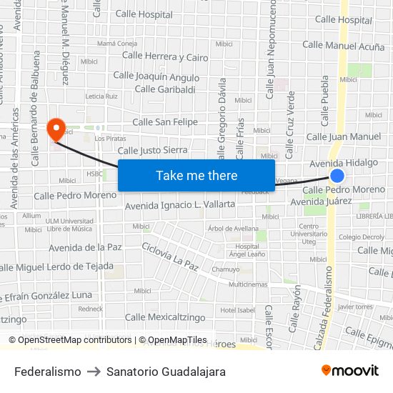 Federalismo to Sanatorio Guadalajara map