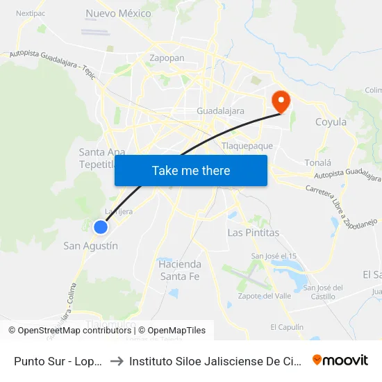 Punto Sur - López Mateos to Instituto Siloe Jalisciense De Ciencias De La Salud map