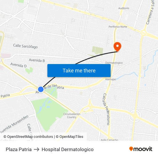 Plaza Patria to Hospital Dermatologico map