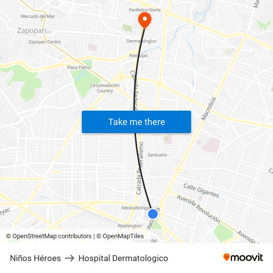 Niños Héroes to Hospital Dermatologico map