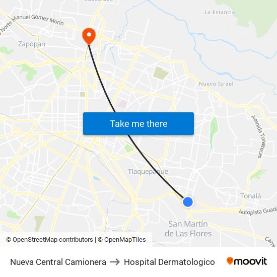 Nueva Central Camionera to Hospital Dermatologico map