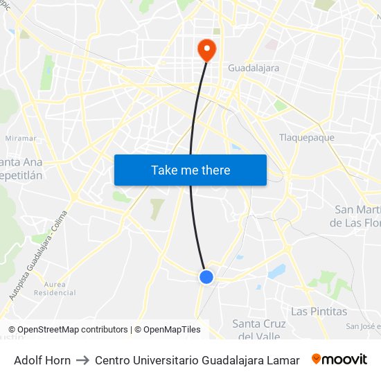 Adolf Horn to Centro Universitario Guadalajara Lamar map