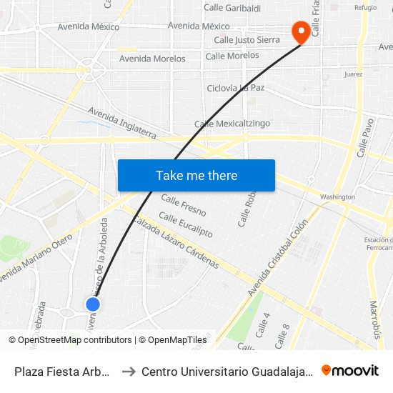 Plaza Fiesta Arboledas to Centro Universitario Guadalajara Lamar map