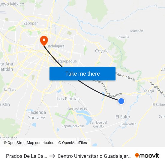 Prados De La Cañada to Centro Universitario Guadalajara Lamar map